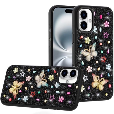 For iPhone 17 Pro Max Butterfly Ornaments Diamond Bling Glitter  Hybrid Case - Black