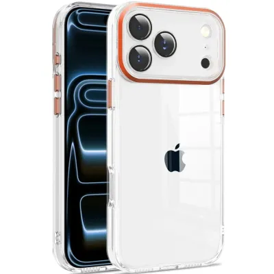 For iPhone 17 Pro Max Transparent Clear Hybrid with Matching Metal Buttons and Camera Protection - Cosmic Orange