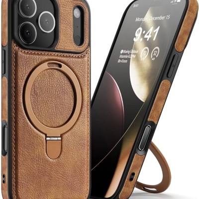 For iPhone 17 Pro Max Carbon Design [Magnetic Circle] with Ring  Stand Hybrid Case - Brown