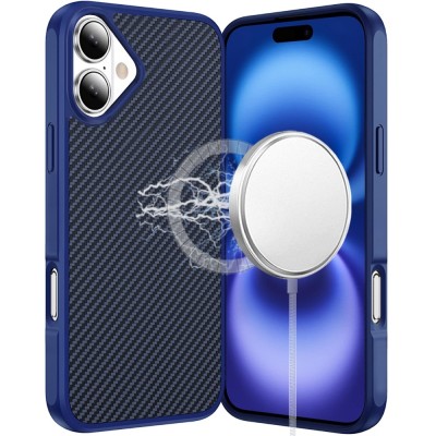 For iPhone 17 Pro Max CarbonFiber Design Magnetic Ring HQ Thick  2.0mm Hybrid Case - Navy Blue
