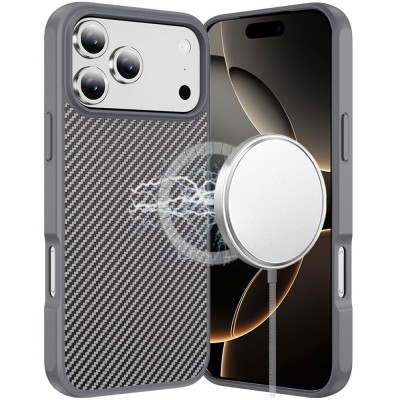 For iPhone 17 Pro Max CarbonFiber Design Magnetic Ring HQ Thick  2.0mm Hybrid Case - Grey