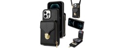 For iPhone 17 Pro Max Card Holder with Mirror Inside PU Leather  Hybrid Case - Black