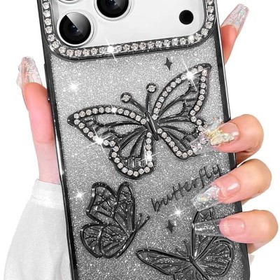 For iPhone 17 Pro Max Cute Butterfly Ornaments Diamonds  Shimmer Matching Metallic HQ Hybrid - Black