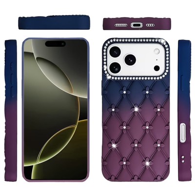 For iPhone 17 Pro Max Floral Joy Glitter Shimmer Leather Feel Thick  TPU Case - Dark Blue/Burgundy