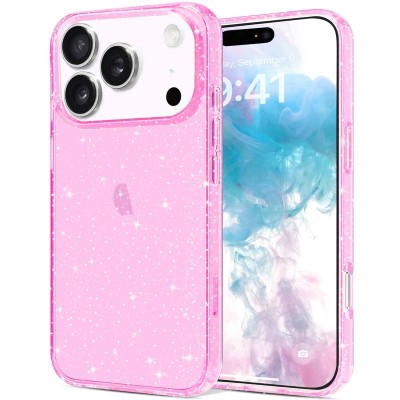 For iPhone 17 Pro Max Floral Joy Glitter Shimmer Leather Feel Thick  TPU Case - Light Blue/Light Pink