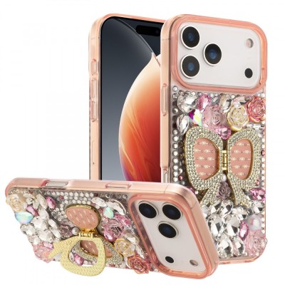 For iPhone 17 Pro Max Full Diamond with Ornaments Case Cover  Pink Exquisite Garden