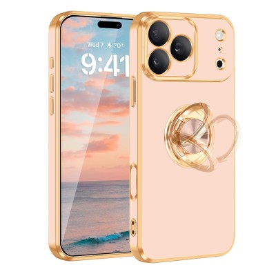 For iPhone 17 Pro Max Glitz HQ Shimmer Glitter [Magnetic Ring Circle] with 360 degree Rotational Ring Kickstand Tough Hybrid Case - Gold