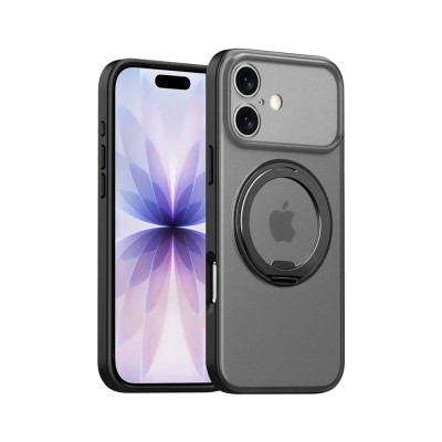 For iPhone 17 Pro Max Hoop Kickstand [Magnetic Circle] HD Transparent Chrome Hybrid - Black