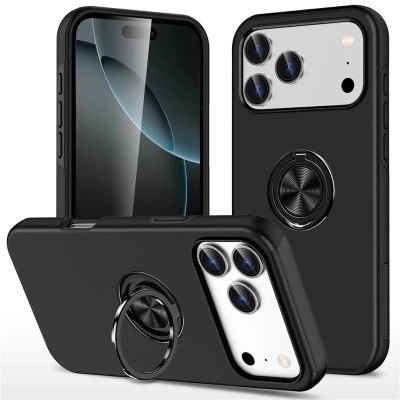 For iPhone 17 Pro Max Loop Hybrid with [Magnetic Ring Circle] 360 degrees Rotational Kickstand Case Cover - Black