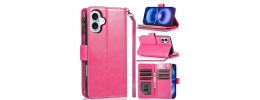 For iPhone 17 Pro Max Luxury Wallet Card ID Zipper Money Holder Case Cover - Hot Pink