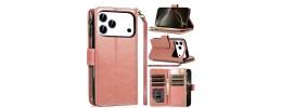For iPhone 17 Pro Max Luxury Wallet Card ID Zipper Money Holder Case Cover - Rose Gold