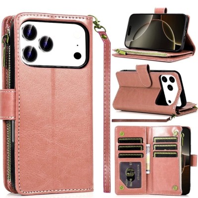 For iPhone 17 Pro Max Luxury Wallet Card ID Zipper Money Holder Case Cover - Rose Gold