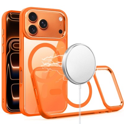 For iPhone 17 Pro Max Magnetic Circle Ring Transparent Premium Acrylic with Metal Buttons & Camera Raised Lip - Cosmic Orange