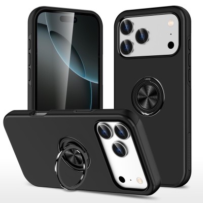 For iPhone 17 Pro Max Magnetic Matching Ring Stand Full Rotation Matte Hybrid - Black
