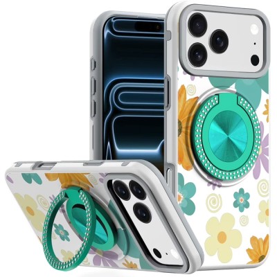 For iPhone 17 Pro Max Metal Diamond CD Pattern Design Matte Finished Hybrid with Rotational Ring [Car Mount Friendly] Case - Black & White Floral