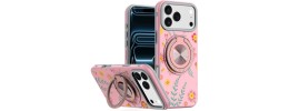 For iPhone 17 Pro Max Metal Diamond CD Pattern Design Matte Finished Hybrid with Rotational Ring [Car Mount Friendly] Case - Floral E