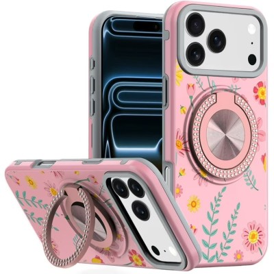 For iPhone 17 Pro Max Metal Diamond CD Pattern Design Matte Finished Hybrid with Rotational Ring [Car Mount Friendly] Case - Floral E