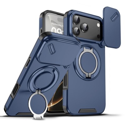 For iPhone 17 Pro Max Multi-Functional Card Magnetic Ring Stand  Hybrid Camera Case Cover - Blue