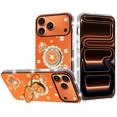 For iPhone 17 Pro Max Muti-Color Floral Bling Stones Ornaments Case - Orange