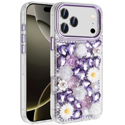 For iPhone 17 Pro Max Rose Flower Full Diamond Bling Stones  Clear