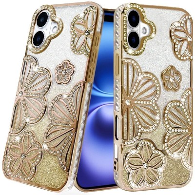 For iPhone 17 Pro Max Splendid Glitter Butterfly Design Stand with Metallic Edges Hybrid Case - Rose Gold