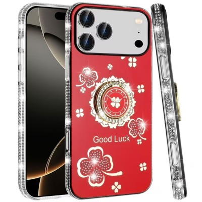 For iPhone 17 Pro Max Splendid Glitter with Diamonds All Around  Edges Ring Stand Case Cover - Re