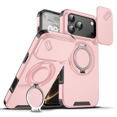 For iPhone 17 Pro Max Transparent HQ Hybrid with Metallic Camera Stand Magnetic Ring Case - Pink