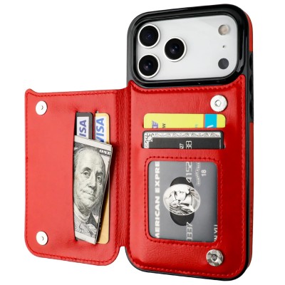 For iPhone 17 Pro Max Wallet ID Card Holder Case Cover - Red