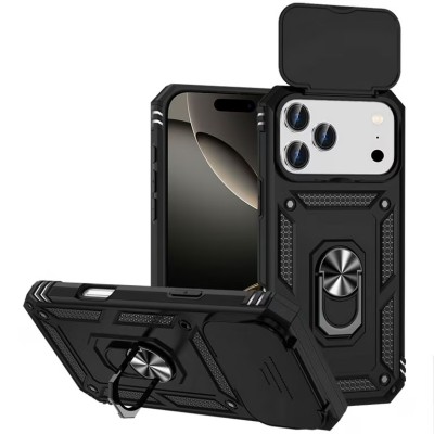 For iPhone 17 Pro Max Well Protective Magentic Ring Stand Camera  Protective Cover Case - Black
