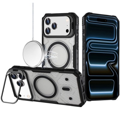 For iPhone 17 Pro Max Tough Dotted Design HQ Hybrid with Metallic Camera Stand Magnetic Ring Case - Black