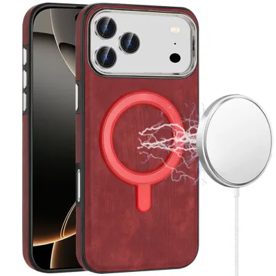For iPhone 17 Pro Max Fashion Chrome Edged Camera [Magnetic  Circle] PU Leather Hybrid - Red