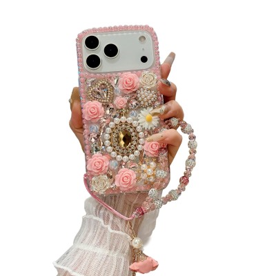 For iPhone 17 Pro Rose Flower Full Diamond Bling Stones - Clear