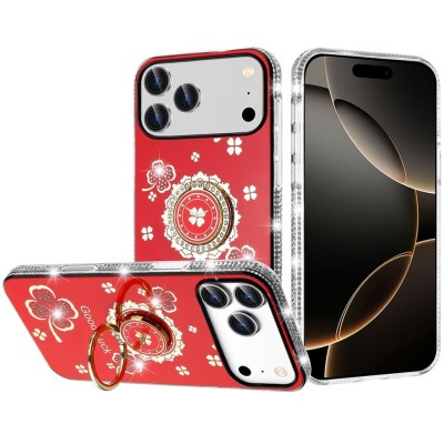 For iPhone 17 Pro Rose Flower Full Diamond Bling Stones - Red