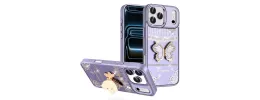 For iPhone 17 Pro Max Splendid Glitter Butterfly Design Stand with Metallic Edges Hybrid Case - Dark Purple