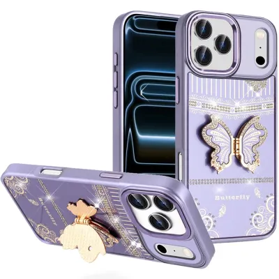 For iPhone 17 Pro Max Splendid Glitter Butterfly Design Stand with Metallic Edges Hybrid Case - Dark Purple