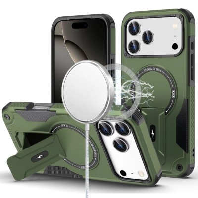 For iPhone 17 Pro Sturdy Bracket Kickstand Magnetic Hybrid - Midnight Green