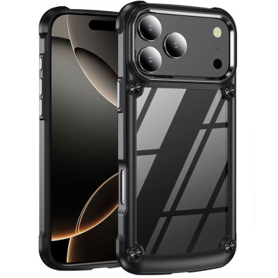 For iPhone 17 Pro Ultimate CaseX Transparent Hybrid Case with  Metal Buttons And Camera Edges - Black