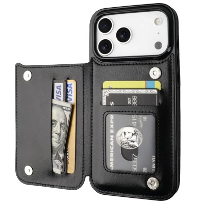 For iPhone 17 Pro Wallet ID Card Holder Case Cover - Black