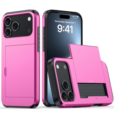 For iPhone 17 Pro Wallet ID Card Holder Case Cover - Hot Pink