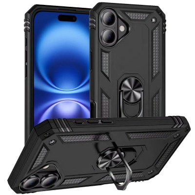 For iPhone 17 Ring Magnetic Kickstand Hybrid Case Cover - Black