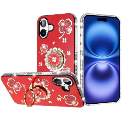 For iPhone 17 Splendid Glitter with Diamonds All Around Edges Ring  Stand Case Cover - Red