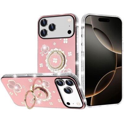 For iPhone 17 Rose Flower Full Diamond Bling Stones - Pink