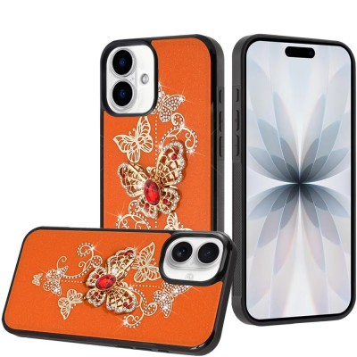 For iPhone 17 SPLENDID Diamond Glitter Ornaments Engraving Case Cover - Enchanted Butterfly Cosmic Orange