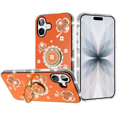 For iPhone 17 Splendid Glitter with Diamonds All Around Edges Ring Stand Case Cover - Cosmic Orange