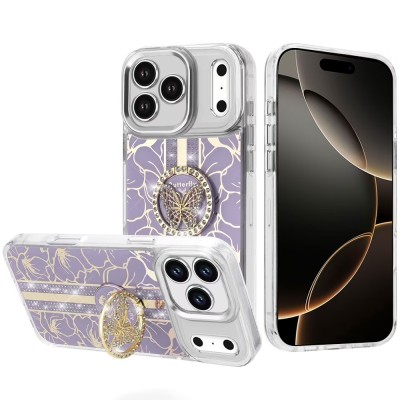 For iPhone 17 Splendid Floral Designs with Metal Camera and  Buttons with Butterfly Ring Stand Hybrid Case - Red