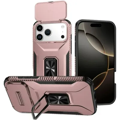 For iPhone 17 Pro Max Complete Magnetic Metal Ring Stand  Camera Protection Hybrid - Rose Gold