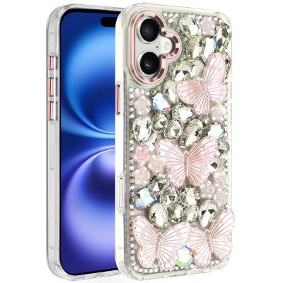 For iPhone 17 Lavished Floral Butterfly Bling Stones Hybrid Case  Silver
