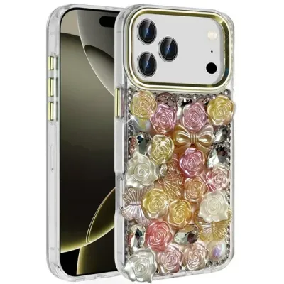 For iPhone 17 Pro Muti-Color Floral Bling Stones Ornaments Case  Orange