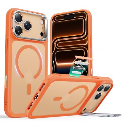 For iPhone 17 Transparent HQ Hybrid with Metallic Camera Stand Magnetic Ring Case - Cosmic Orange