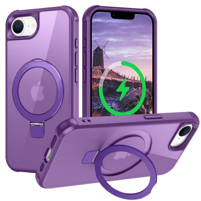 For iPhone 17E / 16E / SE4 Car Mount with 2-Ring Stand Hybrid Case - Purple